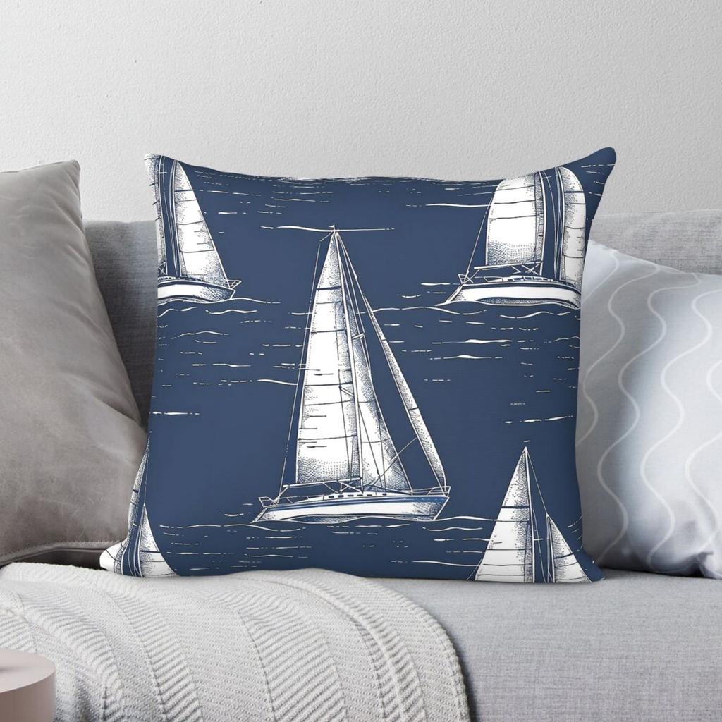 Sailboat In Sea Navy Blue Square Pillowcase Polyester Linen Velvet Printed Zip Decorative Throw Pillow Case Home