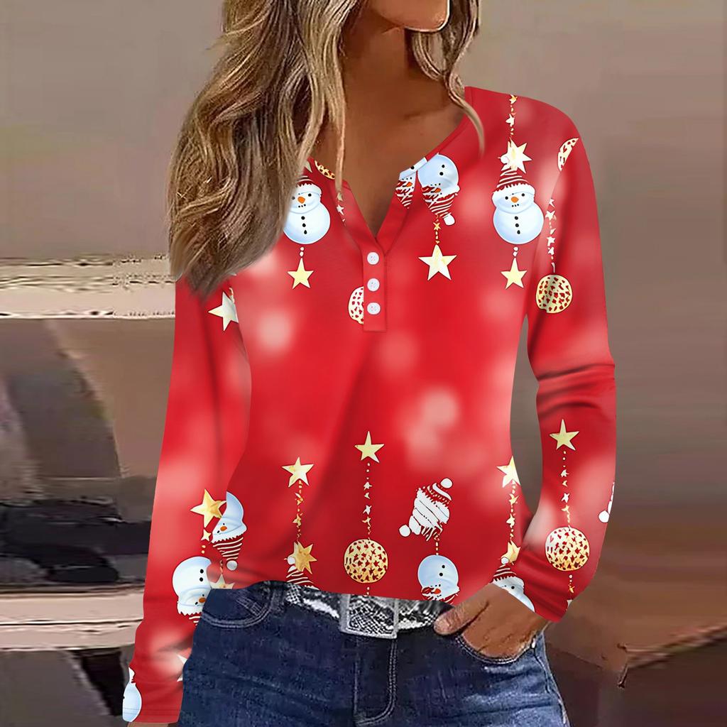 Women's T Shirt Tee Christmas Printed Button Long Sleeve Tunic Daily Weekend Fashion Basic V- Neck Regular Top