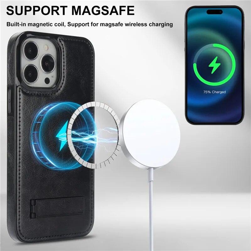 Кожаный чехол для телефона с беспроводной зарядкой для iPhone 15 Pro Max 14 Plus 13 Mini 12 11 X XS XR для Samsung Galaxy S24 Ultra S23 S23 FE S22 с откидной крышкой-держателем