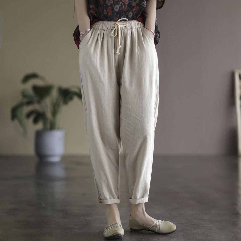 Женские брюки с высокой талией из хлопка и льна - весна/лето 2024 г., корейский стиль, прямые, свободные, облегающие, повседневные.