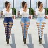 Fashion Women Solid Button High Waist Pocket Jeans Trousers Hole Denim Pants
