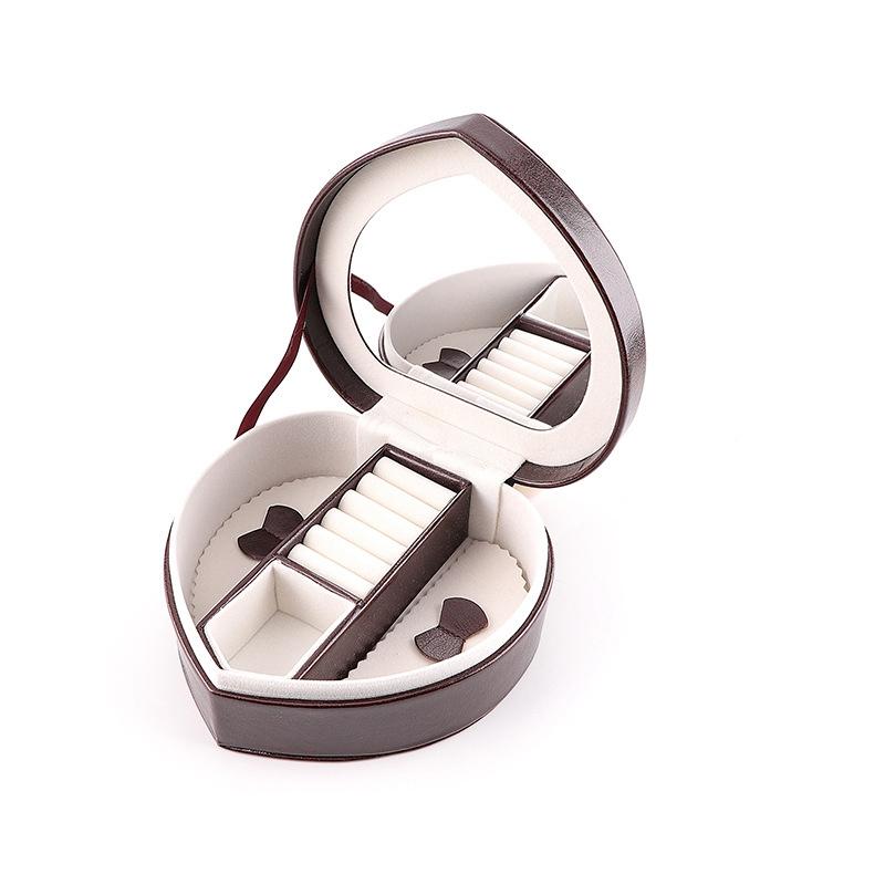 New Heart Shape PU Leather Jewelry Ornaments Storage Box Necklace Earring Ring Jewellery Case with Mirror