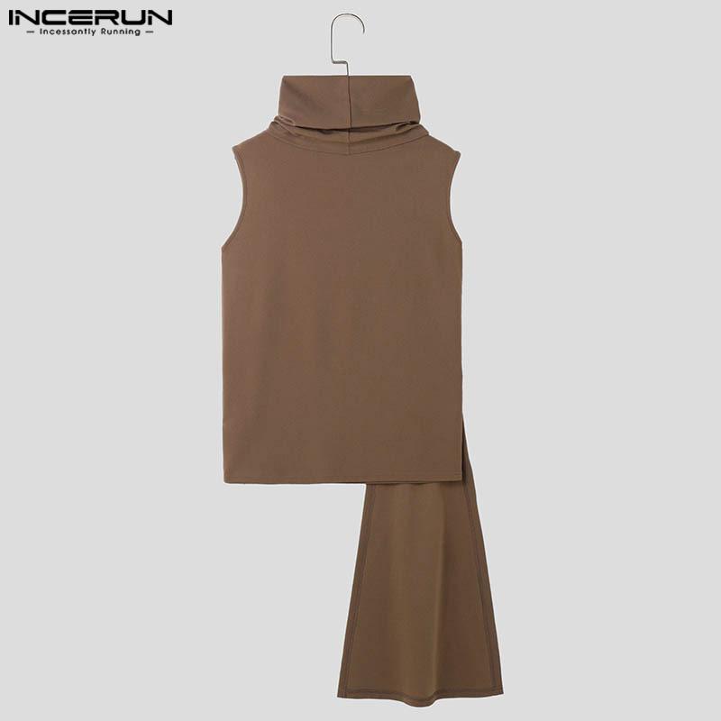 INCERUN Men High Cowl Neck Irregular Stitching Sleeveless T-shirt Casual Ruffled Tops