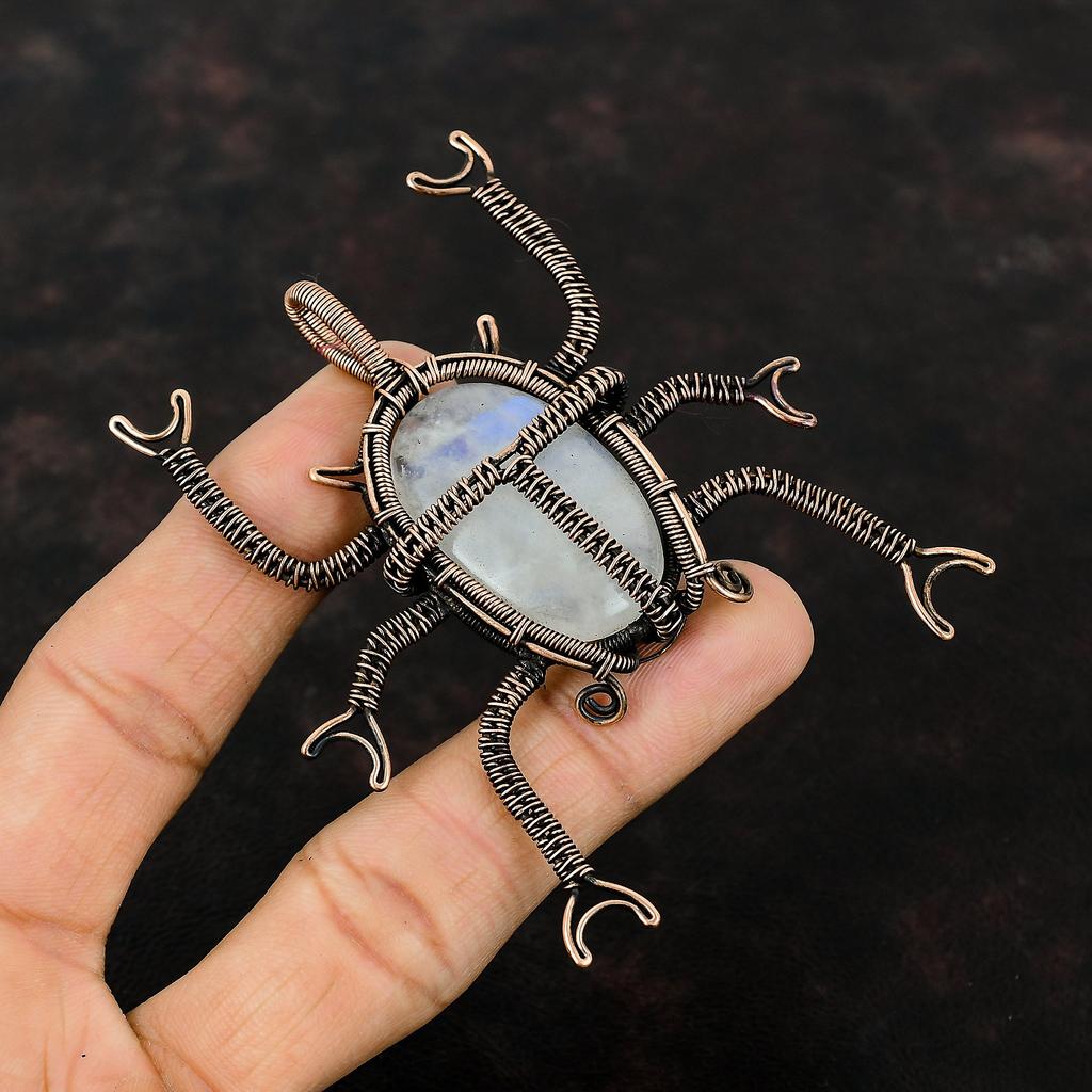 Подвеска из радужного лунного камня, медная подвеска, обмотанная проволокой, ручная работа, медные украшения, подвеска из натурального драгоценного камня, подарок для нее, ювелирные изделия в виде жука, обмотанная проволокой