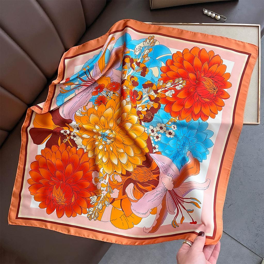 New Floral Print Neck Scarfs Women Elegantly Square Silk Scarf Fashion Hijab Female Neckerchief Summer Shawls Bag Ribbon Foulard