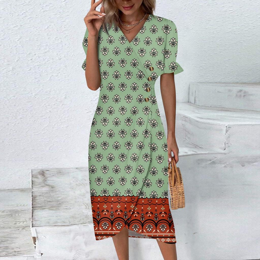 Women's Summer Casual Dress V Neck A-line Boho Ditsy Floral Flounce Sleeve Wrap Hem Dress