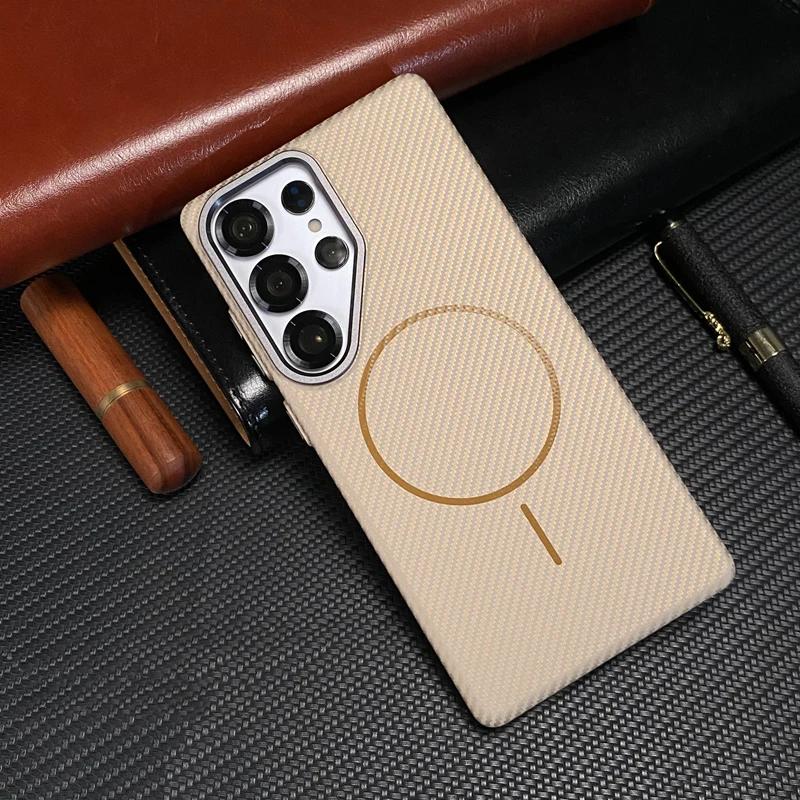 Ультратонкий чехол с текстурой углеродного волокна для Samsung Galaxy S25 Plus Ultra, для Magsafe, с металлическим ободком камеры, поддержка беспроводной зарядки, жесткая поликарбонатная крышка