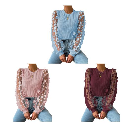 Women Spring Summer Pullover Tops O-neck Flower Decor Mesh Sleeve Chiffon Tops Solid Color Slim Fit Breathable Blouse