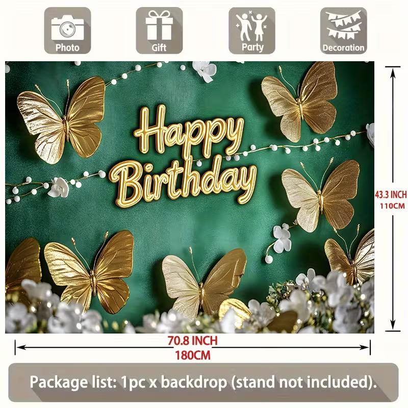 2D Green Velvet Gold Butterfly Happy Birthday Backdrop for Women Party Photo Booth Background