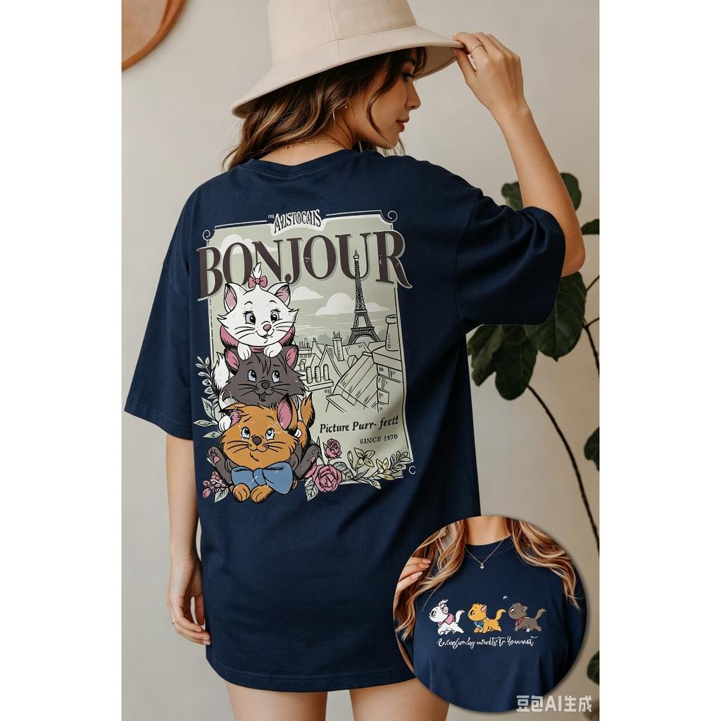 The Aristocats Bonjour Since 1970 Tee for Women and Men Y2k Vintage Streetwear Oversized Y2k Short Sleeve Casual Loose Female Male Clothing