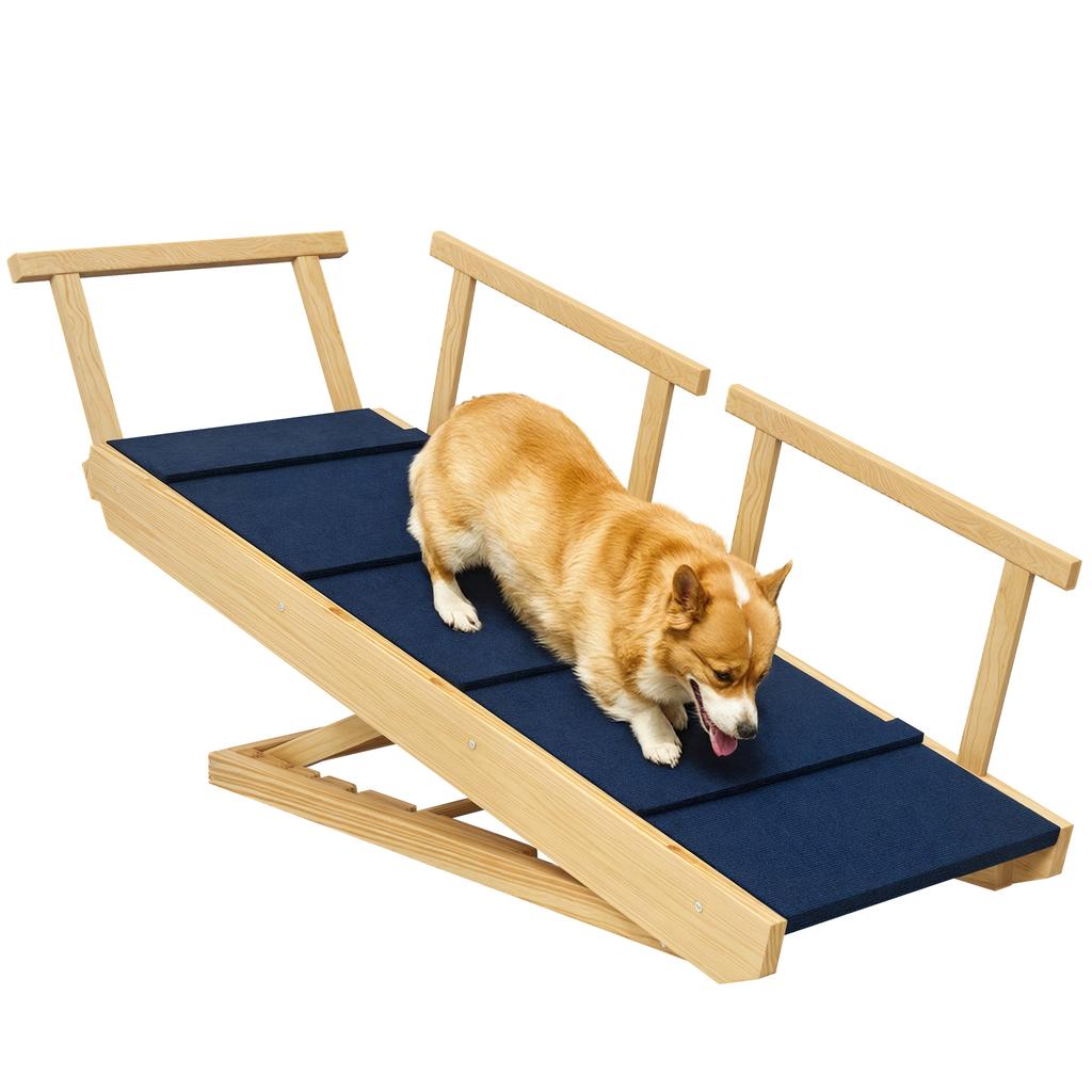 Dog Ramp, Height-Adjustable, Foldable, Railing, for Dogs up to 40kg, Wood Frame, 85 x 40 x 61 cm, Black