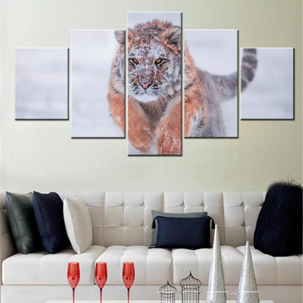 5 Pieces Canvas Wall Arts Animals Poster And Picture Painting Siberian Tiger Snow Winter Wallpaper Home Decor Living Room Mural