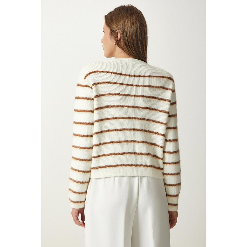 Женский костяной черный стильный трикотажный кардиган в полоску на пуговицах Pf00051