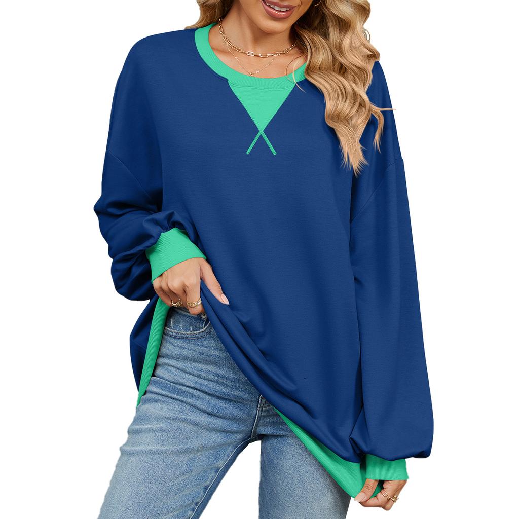 Spring and Autumn Women's Plus Size Color Collision Round Neck Loose Long Sleeve Sweatshirt Top