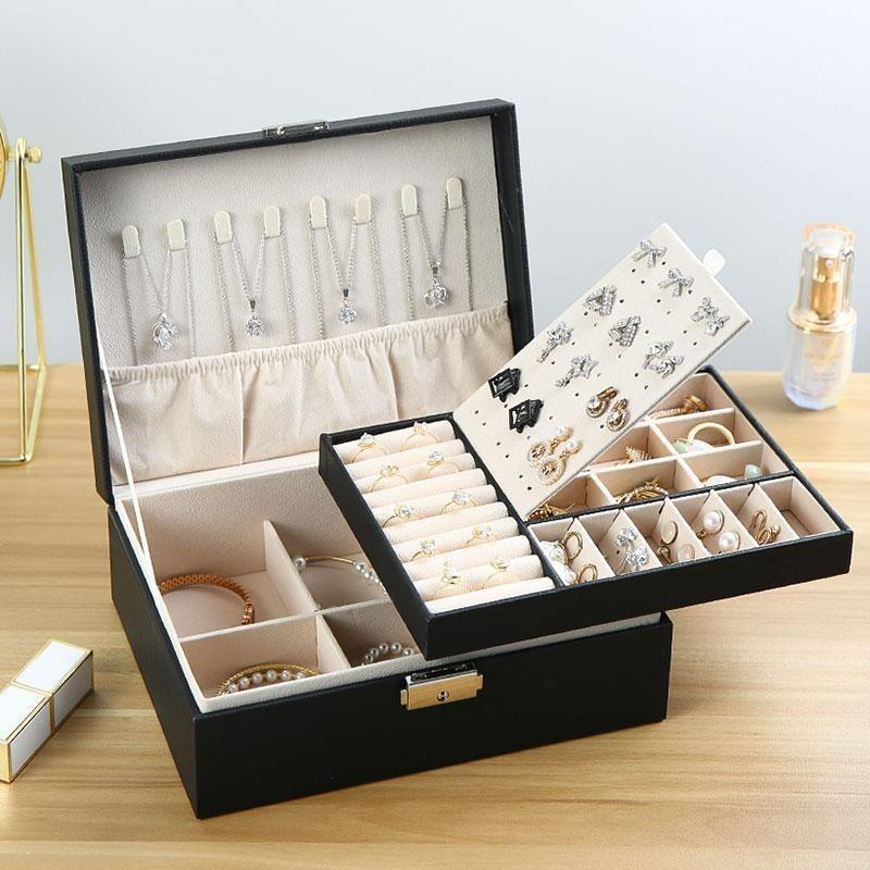 Double Jewelry Box Large Capacity Leather Jewelry Storage Box with Lock Earrings Jewelry Ring Necklace Bracelet Storage Box