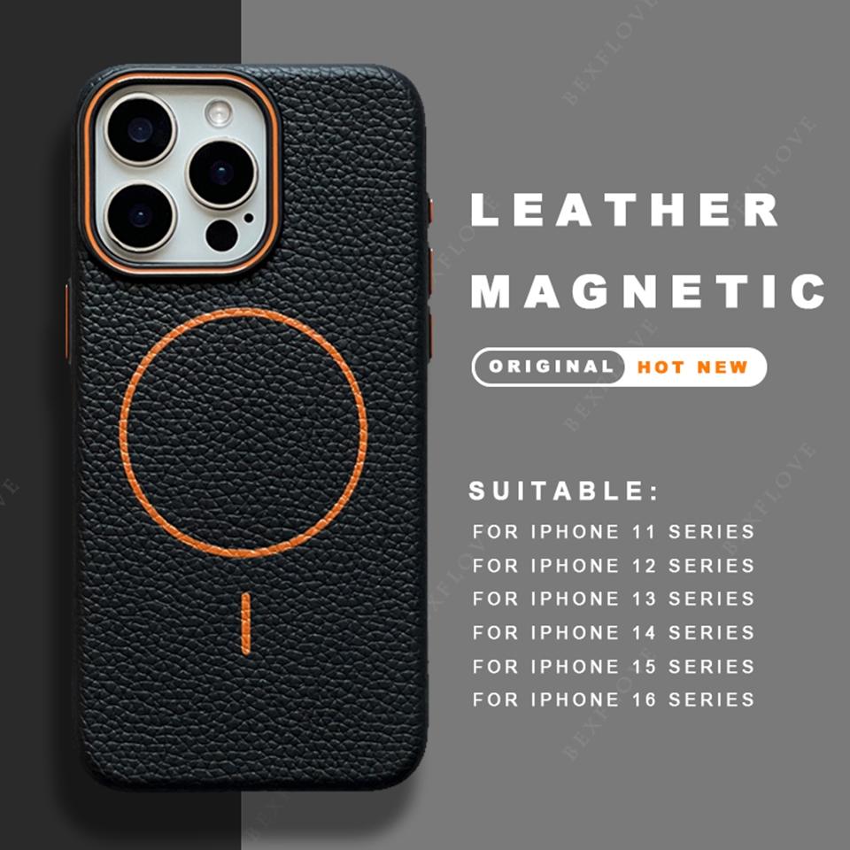 Кожаный магнитный чехол для телефона для iPhone 15 14 13 12 11 16 Pro Max Plus SE XR X XS MAX для беспроводной зарядки MagSafe, защитная крышка