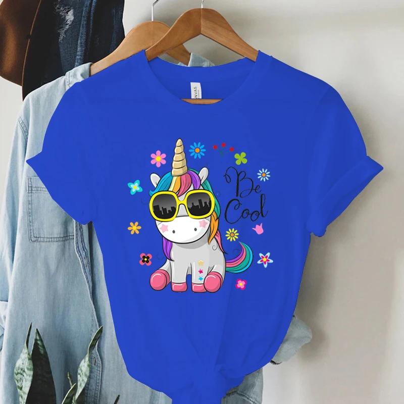 Short Sleeve T Shirt Cool Unicorn Print Women Summer Casual Harajuku Shirt Woman Y2k Aesthetic Graphic Clothes Cartoon Tshirt