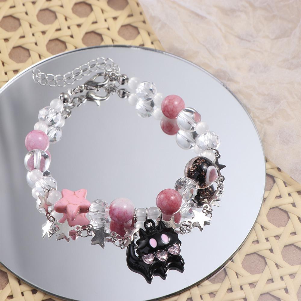 Y2K Pentagram Star Bangle Bow 2 Layer Hand Chain Exquisite Black Cat Heart Bracelet  Girl
