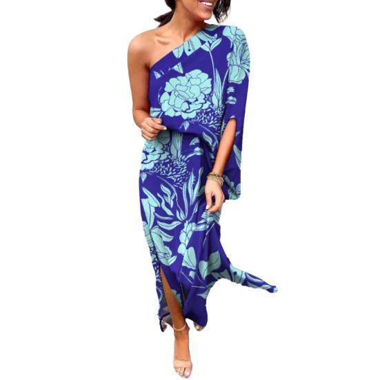 Женское платье макси на одно плечо с рукавами «летучая мышь» и цветочным принтом, длинное платье с разрезом