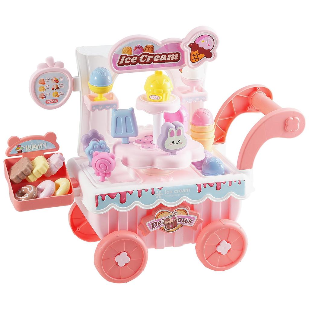 VEVOR Ice Cream Cart for Kids, 27 PCS Accessories, Pretend Play Store with Storage Trolley with Pretend Money, Sound & Light Effects