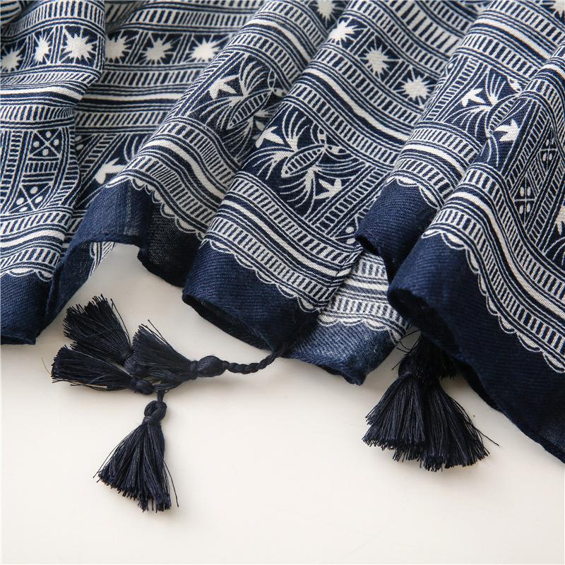 New Women'S Soft Navy Blue Bohemian Tassel Scarf, Fashionable Scarf, Headscarf, Travel, Vacation, Beach Wrap, Shawl