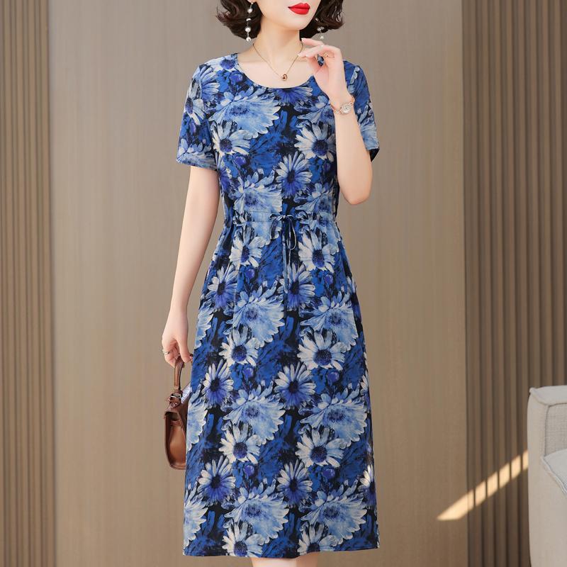 Plus Size Casual Summer Women's Dresses Elegant Slim Short Sleeve Vintage Print Long Dress Female Summer Clothes