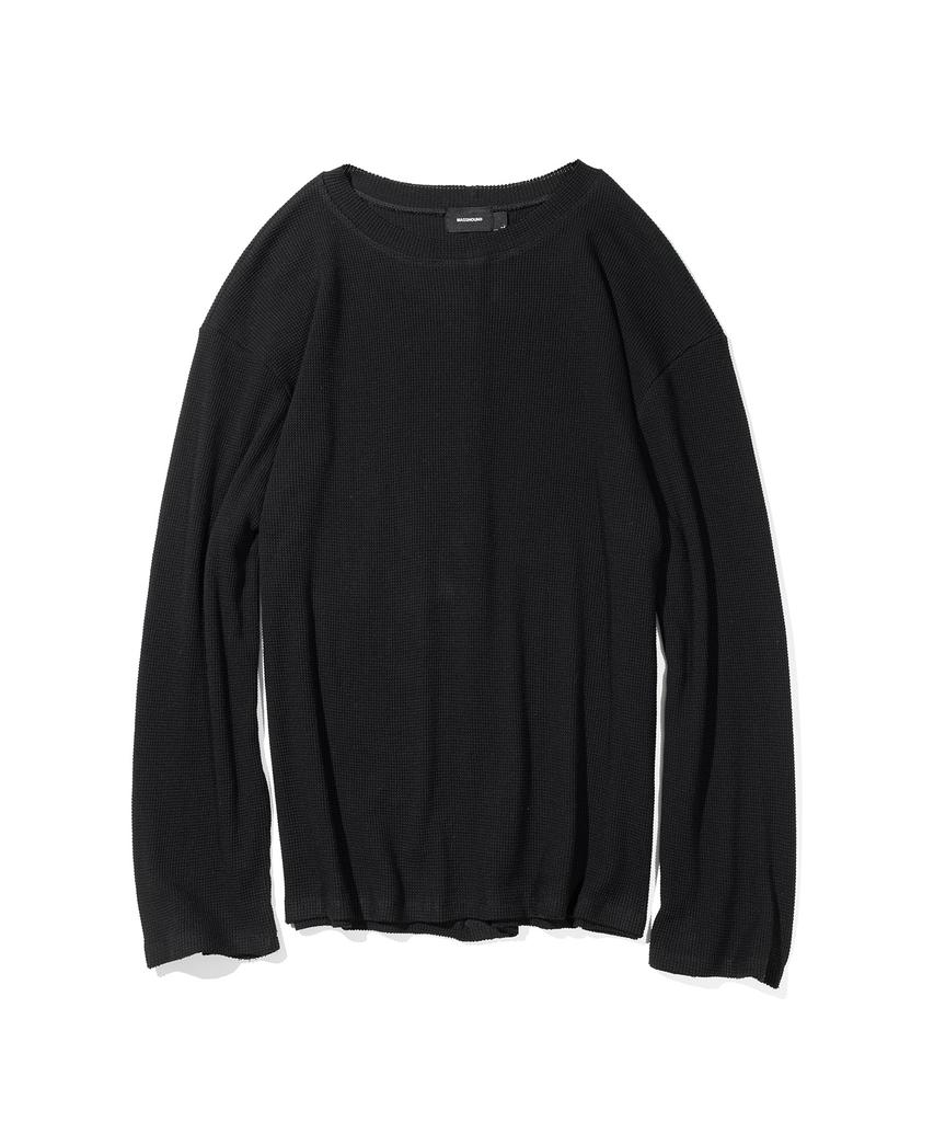 MASSNOUN Waffle Cut Divide Boat Neck Long Sleeve Mssls002-Bk