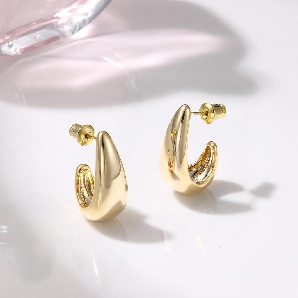Bobisty Chunky Silver Needle Hoop Earrings for Women 14K Gold Plated Earring Open Huggie Teardrop Earring Statement Jewelry3