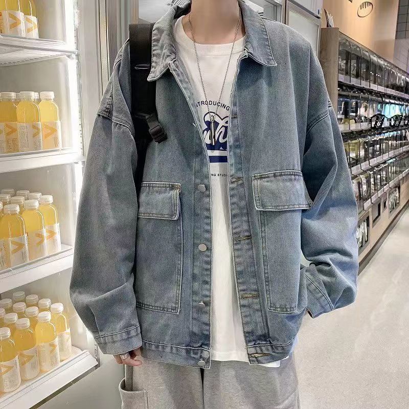 Denim Jacket Men's Street Retro Hong Kong Style Trendy Loose Plus Size Casual Top Work Jacket Clothes