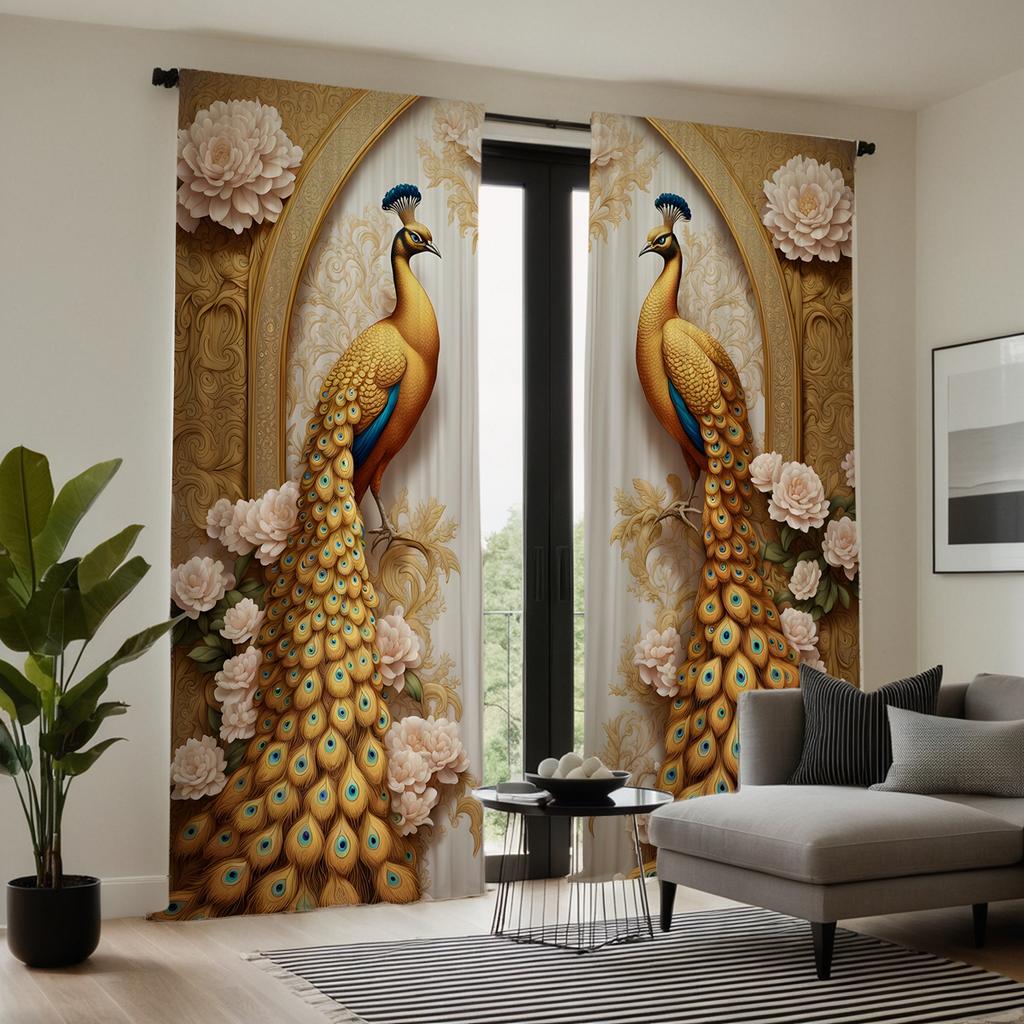 Двухсекционная цифровая желтая занавеска HD с изображением цветка пиона и павлина, стиль украшения дома, украшение гостиной, спальни, штанга для одежды