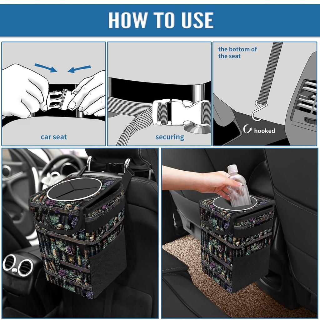Gothic Witchy Skull Floral Car Trash Can with Lid Collapsible Reusable Waterproof Car Garage Bag,Automotive Garbage Can,Car Accessories Interior Car