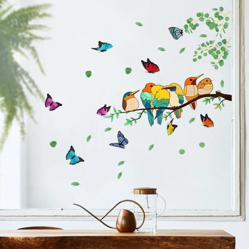 Double-sided Branch Colorful Bird Butterfly Wall Sticker Electrostatic Glass Sticker Window Visual Decorative Wall Sticker