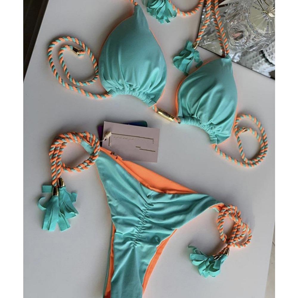 Европейский и американский купальник сексуальный треугольный мешок женский раздельный однотонный сексуальный многоцветный плетеный веревочный бикини