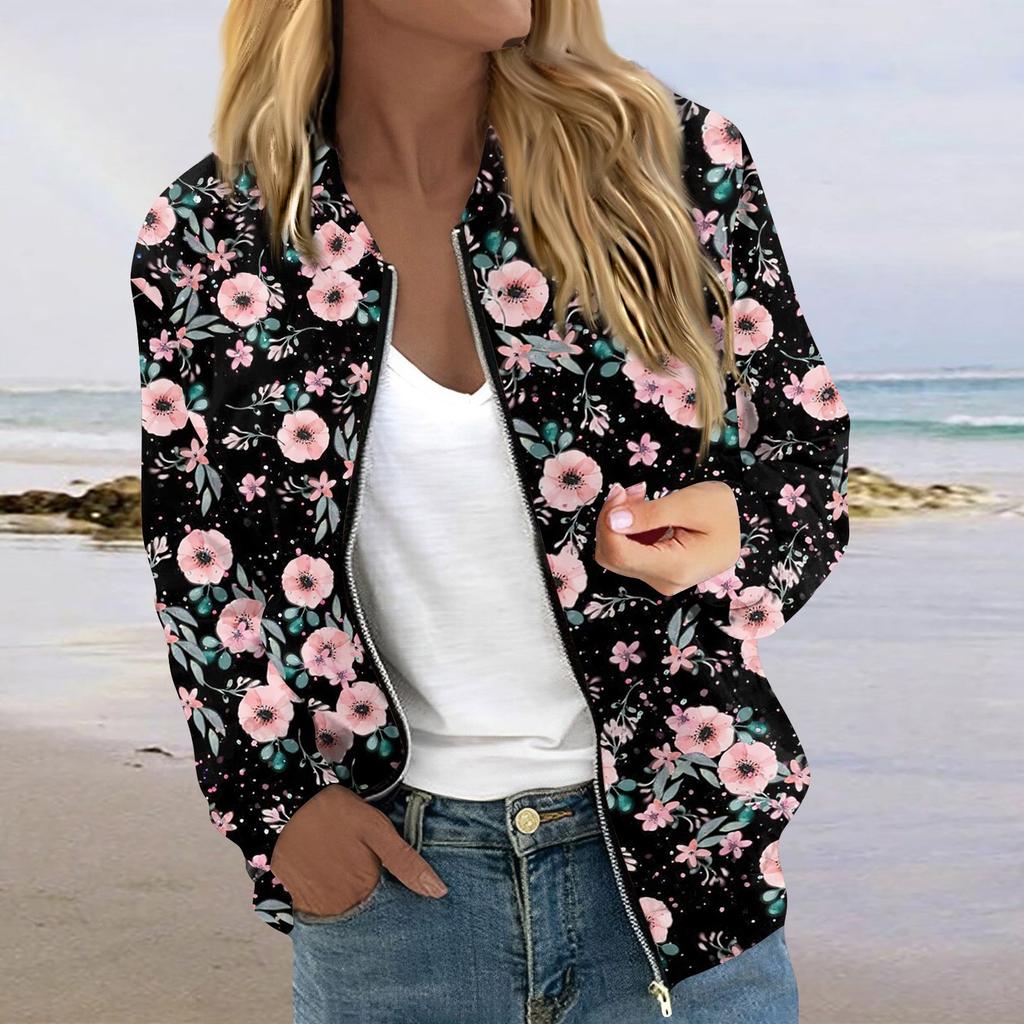 Женская модная повседневная куртка на молнии с длинным рукавом с принтом и круглым вырезом