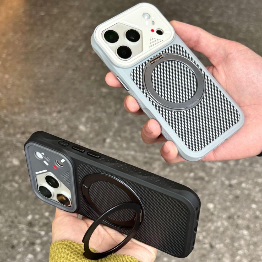 Carbon Fiber Texture 360° Stand Holder Case for iPhone 17 Air 16 14 15 Plus 13 12 11 Pro Max For Magsafe Magnetic Matte Cover