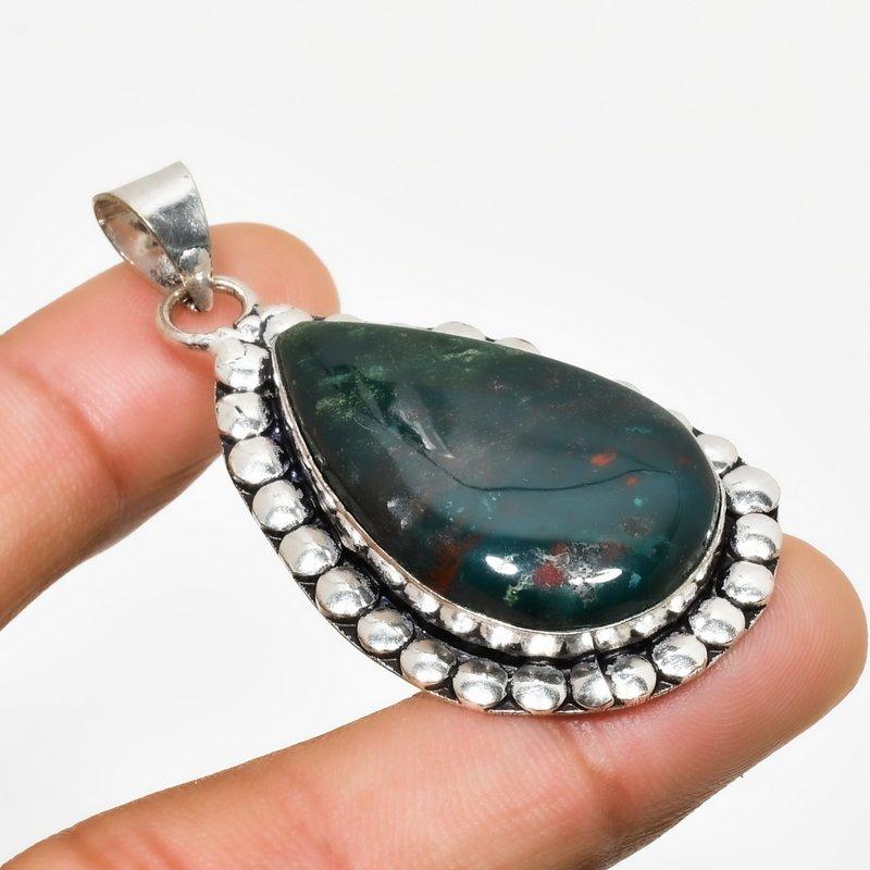 Bloodstone Gemstone Handmade 925 Silver Plated Jewelry Pendant 2.08"