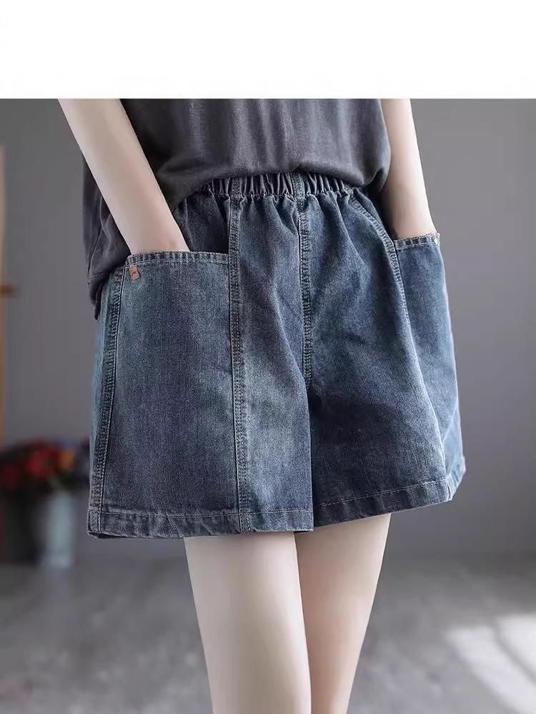 Summer Sale: Women's Loose Fit Elastic High Waist Wide Leg Denim Shorts, Plus Size, Retro Style.