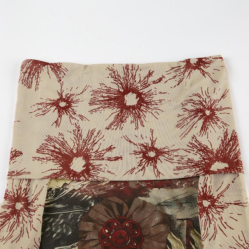 Растительный ретро сетчатый пэчворк одно плечо короткий топ сексуальный контрастный цвет приталенный крой длинный рукав рубашка для пикантных девушек футболки женские