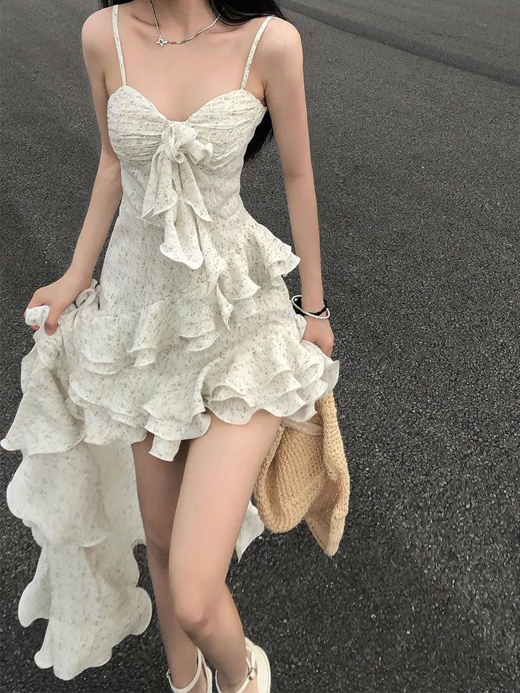 Summer Streetwear Printing Vintage Dresses Grunge Y2k Aesthetic Ruffled Slim Harajuku Women Irregular Dress