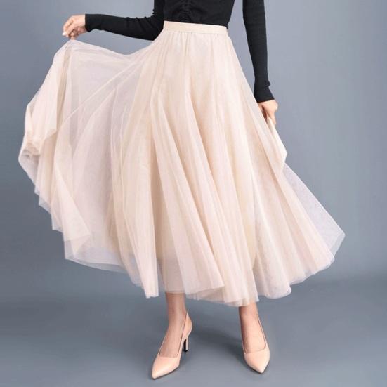 Women Midi Skirt Elastic High Waist Long Skirt with Solid Mesh Hem Solid Color A-Line Skirt Daily Wear