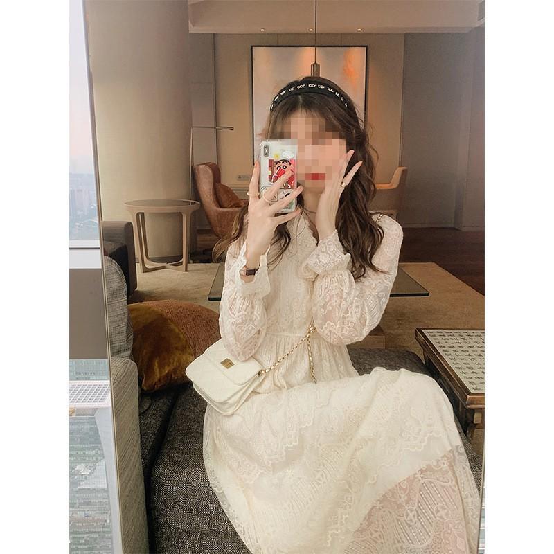 Ранняя осень, элитная темпераментная модель богини, одежда, длинное платье в французском стиле Хепберн, белое кружевное платье с длинными рукавами, размер Sub Plus