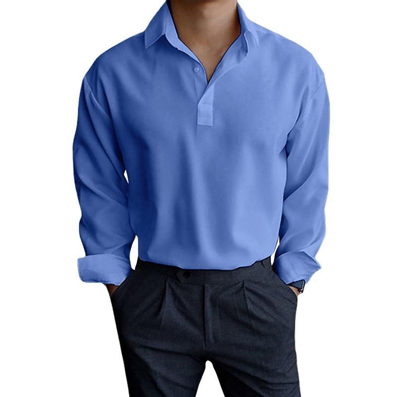 Men Lapel Half Placket Solid Long Sleeve Henley Casual Shirt