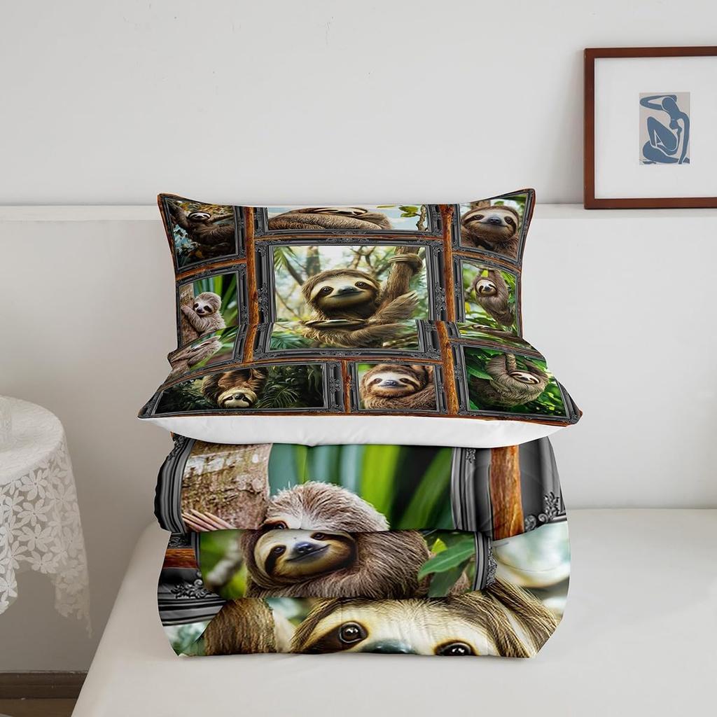 Sloth Bedding Set Cute Animal Pattern Comforter for Kids Women Men 3D Sloth Comforter Set Brown Farmhouse Style Room Decor Queen