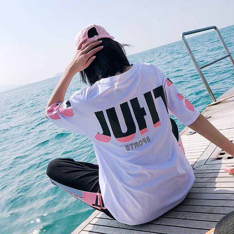 Женская одежда, спортивный костюм, комплект из двух предметов, летняя повседневная спортивная одежда, костюм с круглым вырезом и принтом, футболка + шаровары