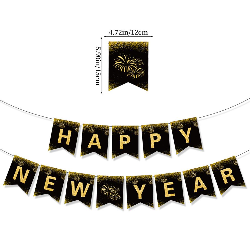 Black Gold Happy New Year Banner New Year'S Eve Party Arrangement Fireworks Cheers Banner Latte Custom