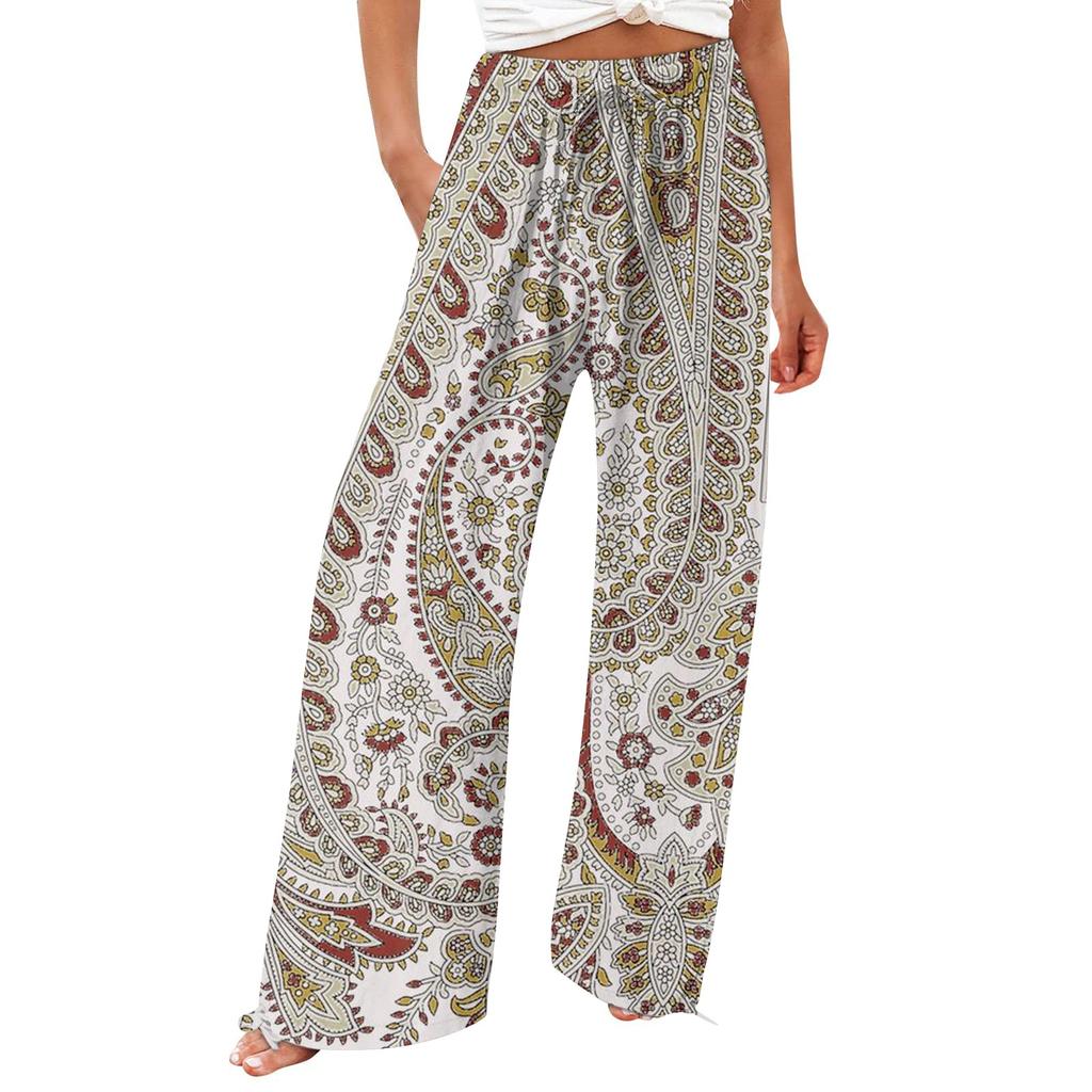 Брюки для женщин. Летние струящиеся брюки с высокой талией и широкими штанинами с принтом. Повседневные брюки.