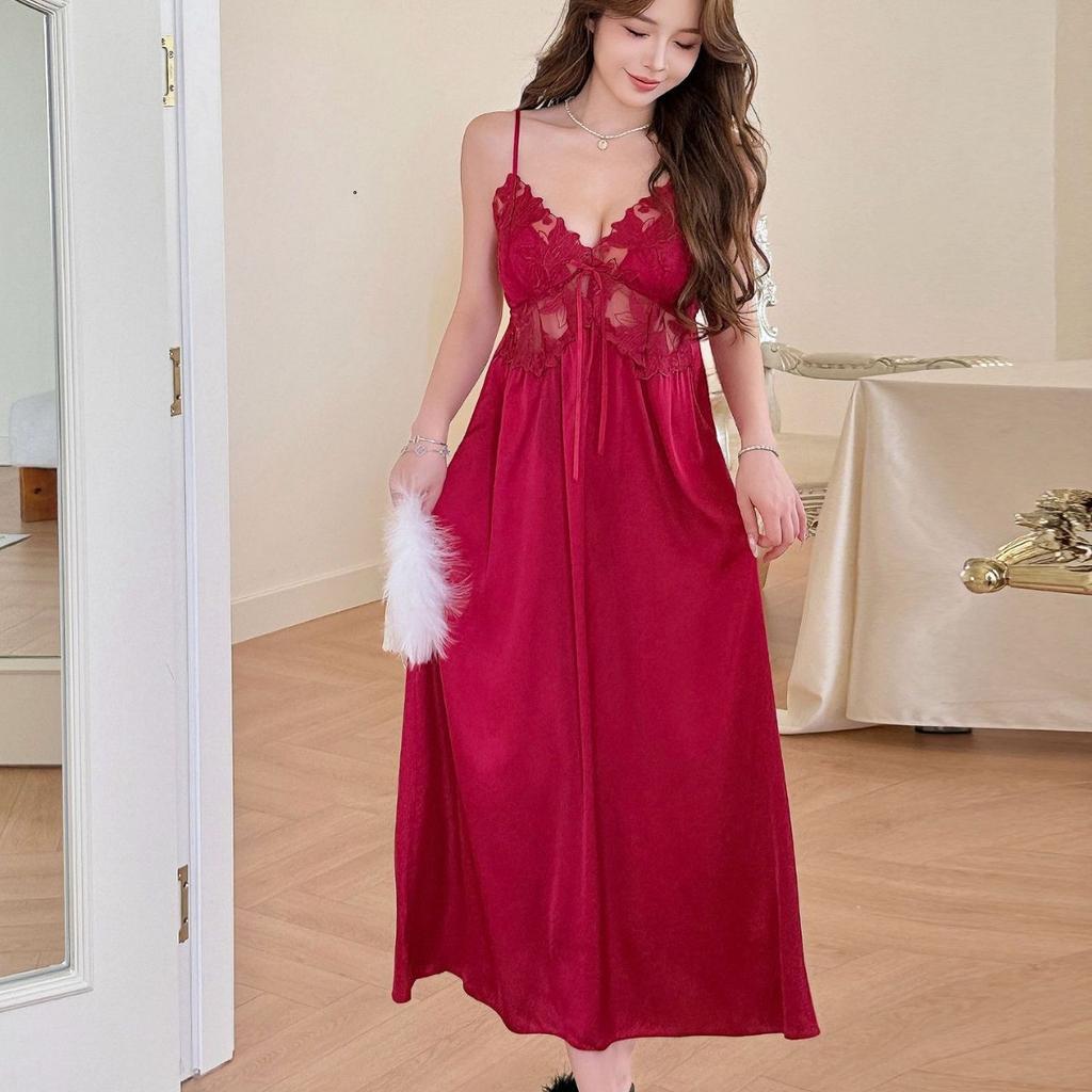 Сексуальная пижама женская Ледяная лента Нагрудная подушечка Французская пижама на бретельках Длинная выше колена Магнолия Чистое желание Домашняя одежда