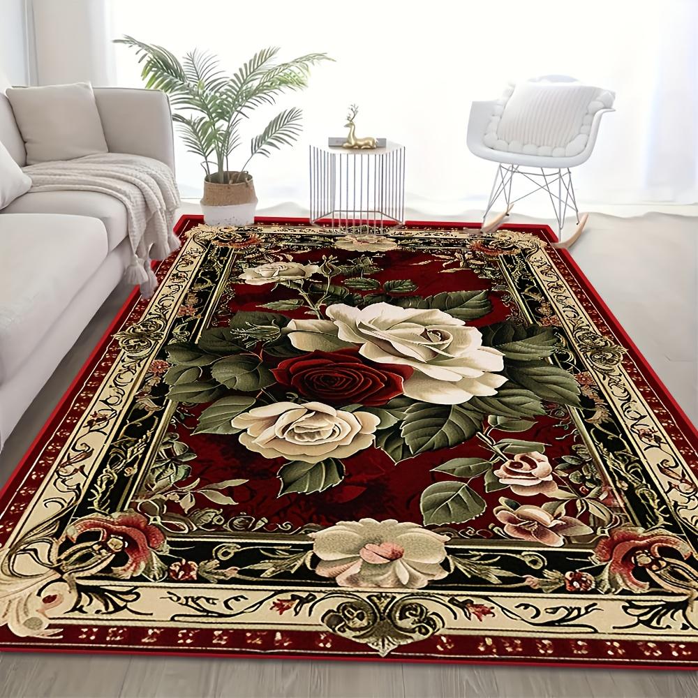Retro Floral Floor Rug  Romantic Vintage Rose Flower Border Stylish Decor Area Rug for Indoor Living Space Home Ornament