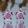 Cute Female Green Rose Red Blue Zircon Stone Small Round Turtle Stud Earrings Vintage Silver Color Wedding Jewelry For Women