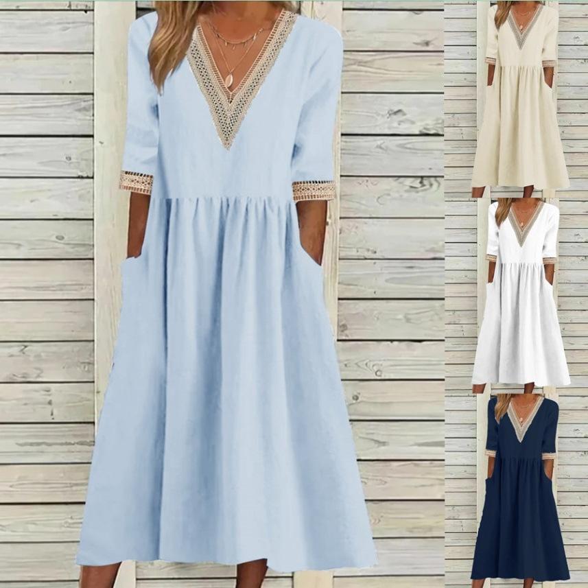 Women's Dress Large Size Loose Cotton Line Lace Collar Five-Sleeve Mid-length Dress